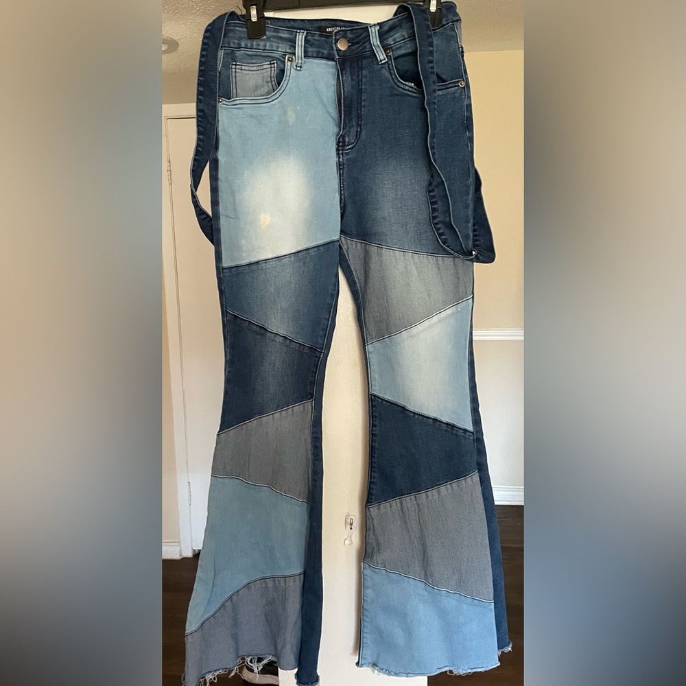 Patchwork Flare Jeans W/ Detachable Suspenders - image 1